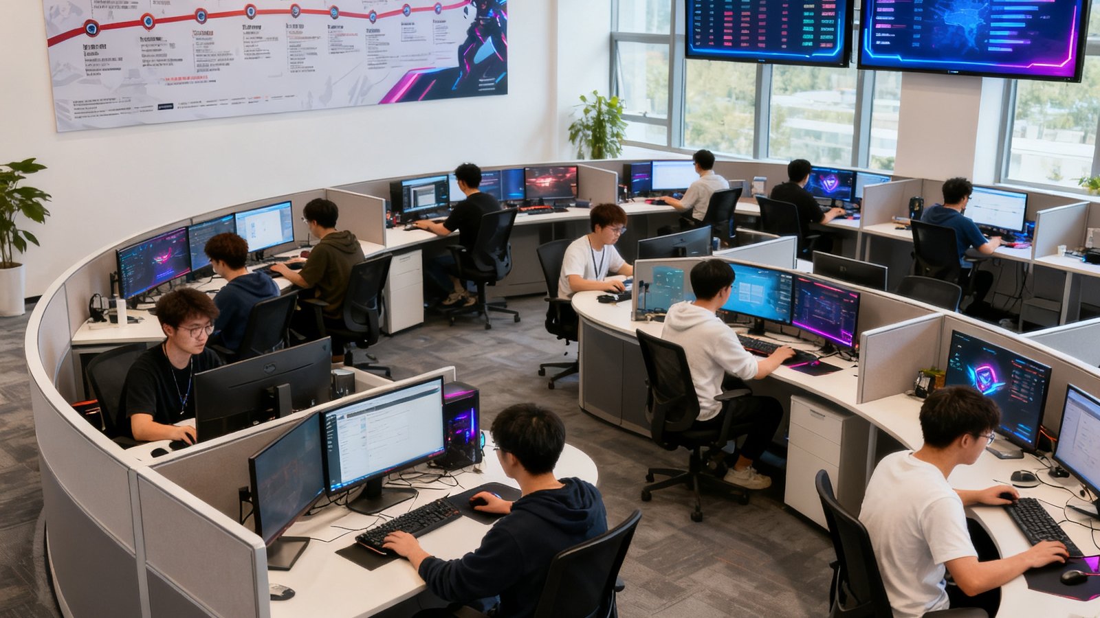 宽敞明亮的开放式办公室内，约20位竞技宝团队成员坐在弧形排列的工位上专注工作，墙面上悬挂着大幅电竞历史时间线海报，几块大屏幕实时滚动着全球赛事数据