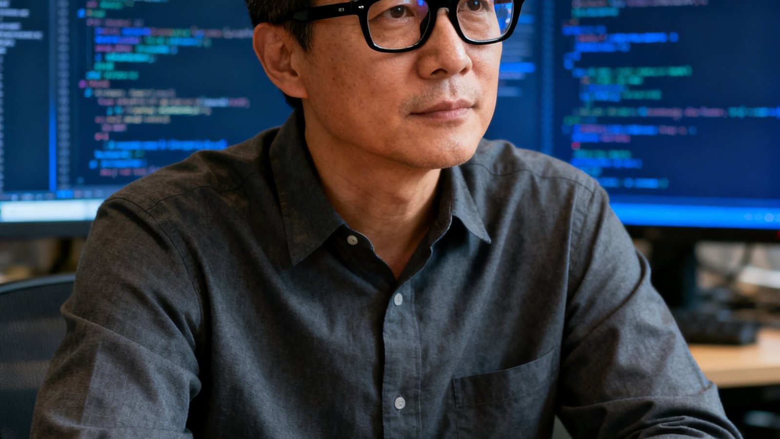 一位戴着黑框眼镜的40岁左右亚洲男性，穿着深灰色衬衫，双手交叉放在桌上，背景是布满代码的显示器，神情专注而沉稳