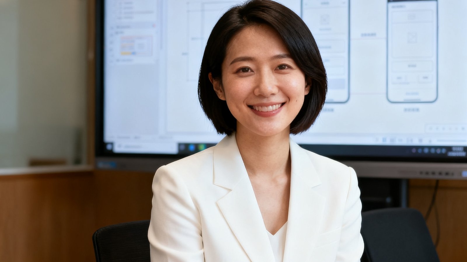 一位30岁出头的亚洲女性，留着利落的短发，穿着白色西装外套，坐在会议室中微笑面对镜头，身后是产品原型界面投屏