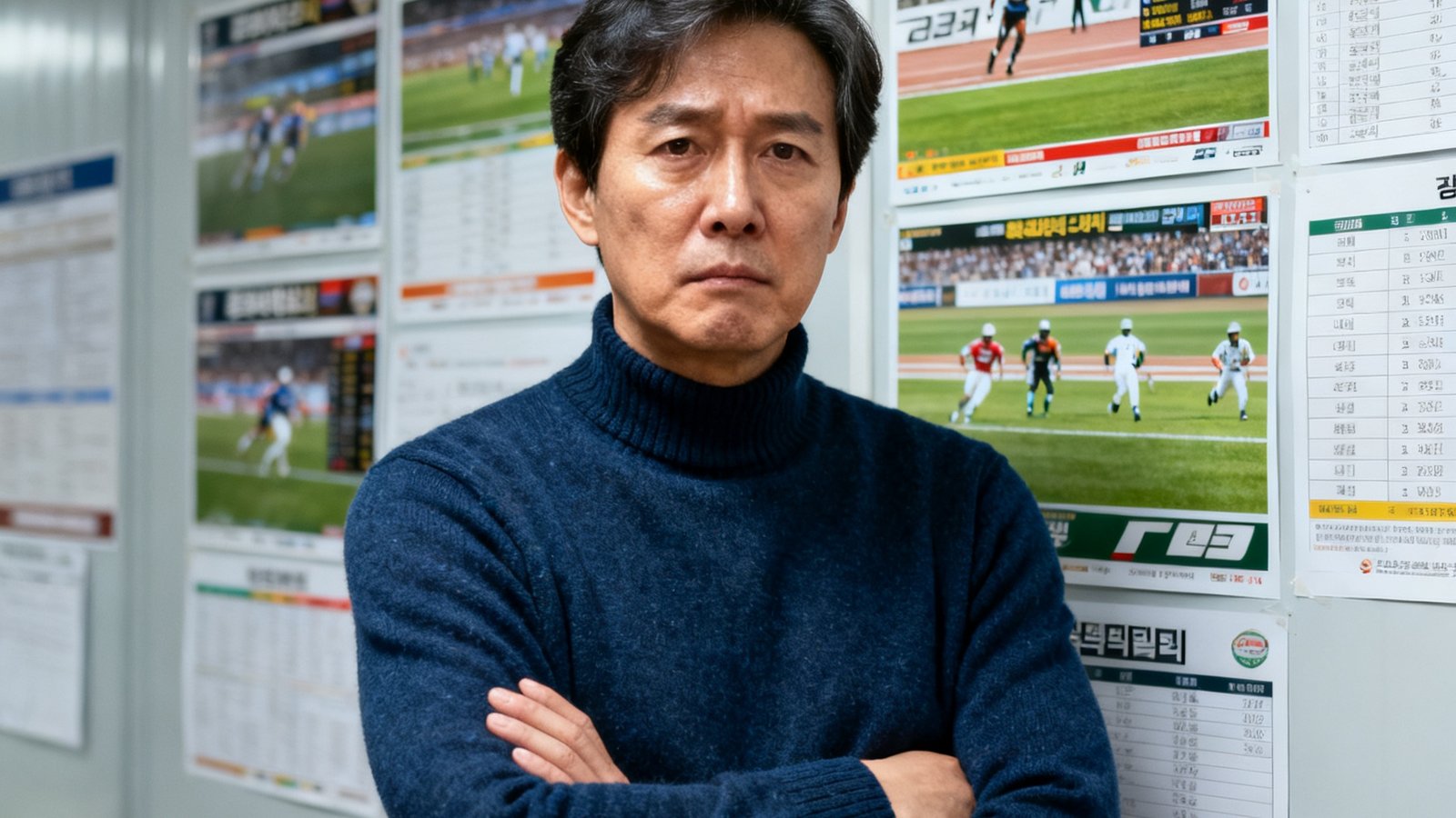一位45岁左右的韩国籍男性，表情严肃，穿着深蓝色高领毛衣，双臂交叉站立在贴满赛事海报的办公室墙面前